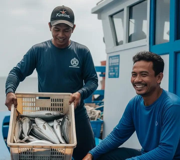 Nelayan bahagia dengan keranjang ikan di kapal